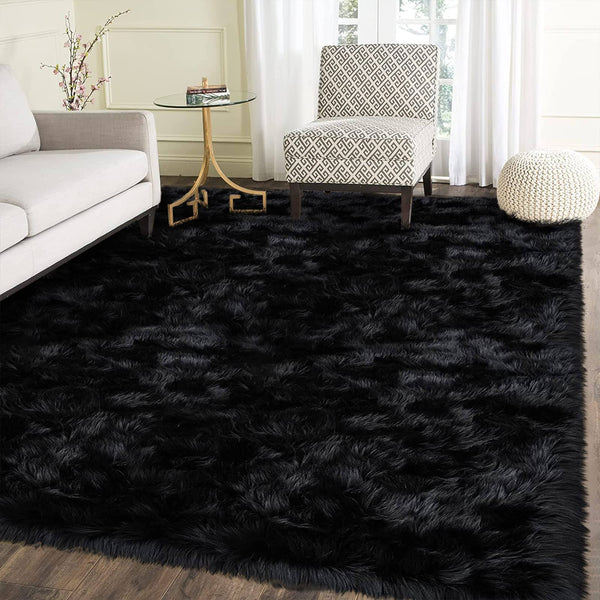 Latepis Area Rug 6x8, Faux Fur Sheepskin Rug for Living Room, Fluffy Washable Rug for Bedroom, Dorm, Luxury Room Decor, Black Fur Rug, Rectangle