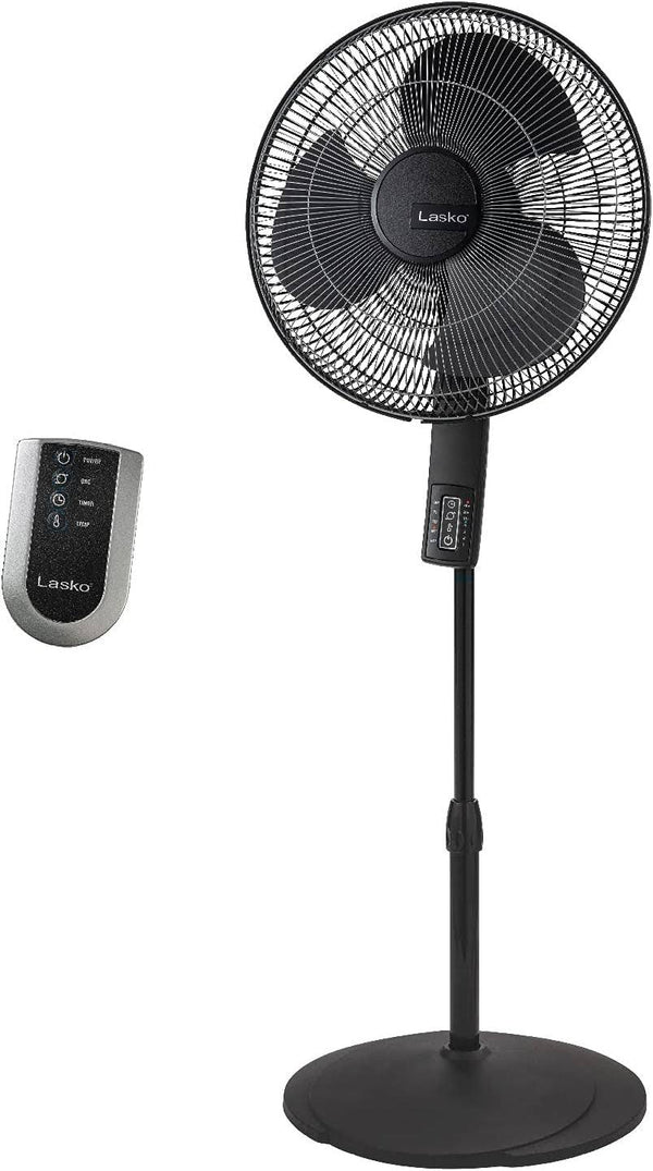 Lasko Oscillating Pedestal Fan, Thermostat, Adjustable Height, Remote Control, Timer, 4 Speeds, for Bedroom, Living Room, Office & Dorm, 16", Black,