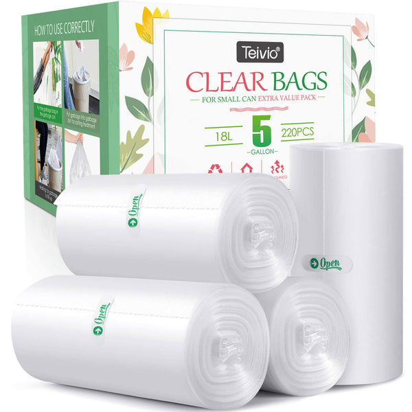 5 Gallon 220 Counts Strong Trash Bags Garbage Bags by Teivio, Bin Liners, for Bathroom Home Office Kitchen, 5.5 gal, Clear