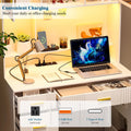HNEBC LED Study Desk with Hutch and Drawer, Home Office Desk with Outlet, Computer Desk with Charging Station, Writing Desk for Bedroom, Workstation for Small Space