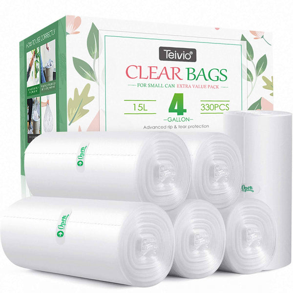 330 Counts Strong Trash Bags Garbage Bags by Teivio, Bathroom Trash Can Bin Liners, Small Plastic Bags for Home Office Kitchen (4 Gallon, Clear)