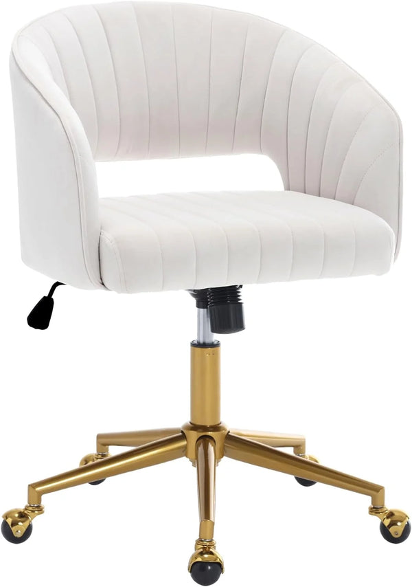 Home Office Swivel Desk Chair, Modern Velvet Vanity Chair, Height Adjustable Armchair with Gold Base, Ergonomic Office Chair for Task Study Computer Room, Beige