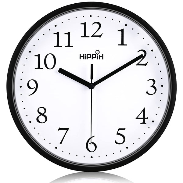 Hippih Black Wall Clock Silent Non Ticking Quality Quartz, 10 inch Round Easy to Read for Home Office School Clock